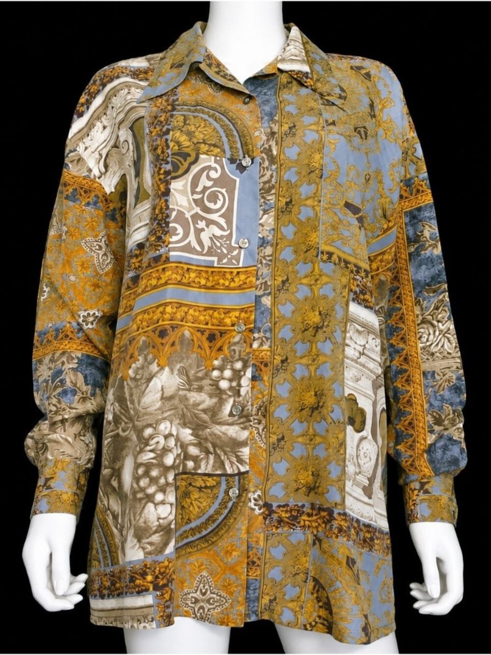 Vintage Express 100% Silk Baroque Print Y2K Button Down Shirt Women's Medium